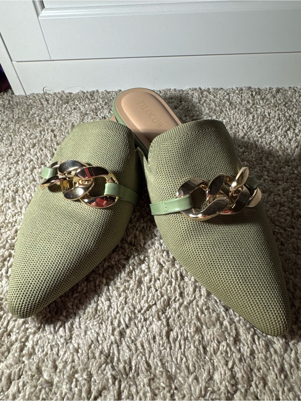 Pointed Sage Green Mule Flats with Gold Chain Accent